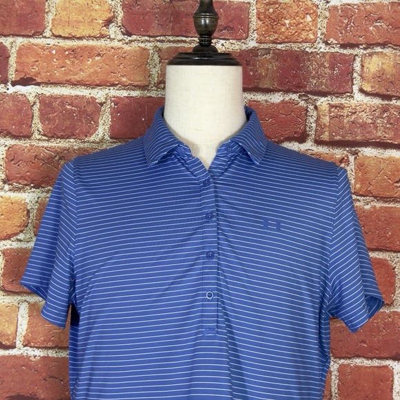 Under Armour Loose Heat Gear Golf Polo Shirt Me No Size Blue Striped Stretch - Picture 1 of 15